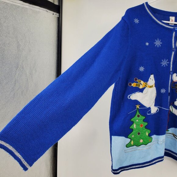 Polar Bear Christmas Y2K Cottage Skiing Graphic Button Up Cardigan Sweater Large - Picture 4 of 8